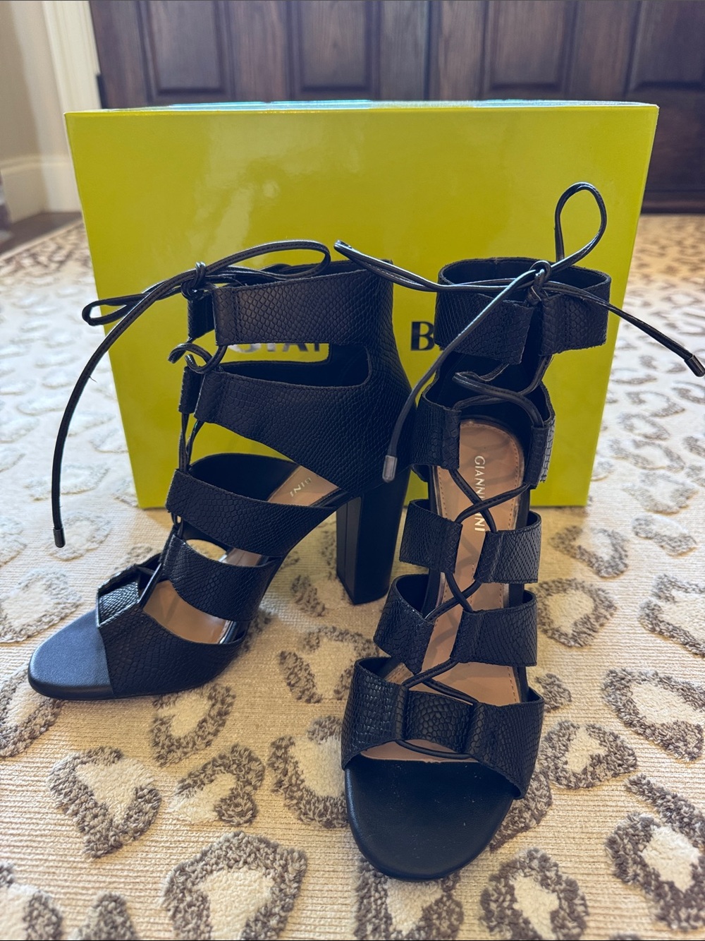 Gianni Bini black leather Lace-Up Strappy High Heel Sandals. Like new .